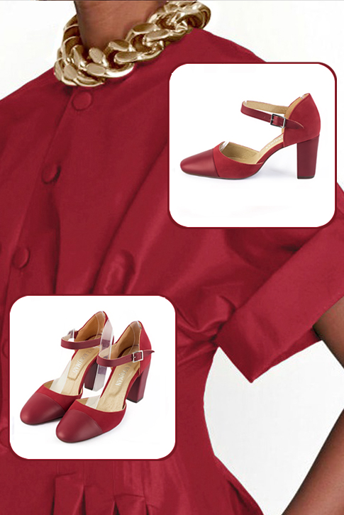 Women's cardinal red elegant closed-back heels, with an instep strap. Round toe. High block heels - Worn view